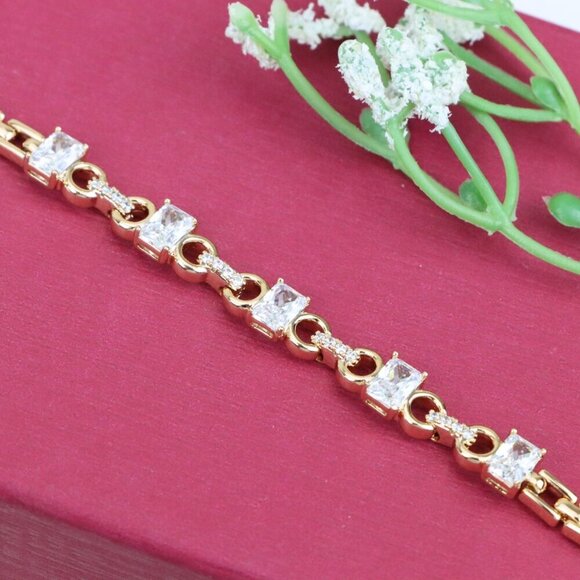 "Rose Gold Plated Bracelet with Square CZ Stones & Chain Extender, XPBL0956 - Picture 10 of 12